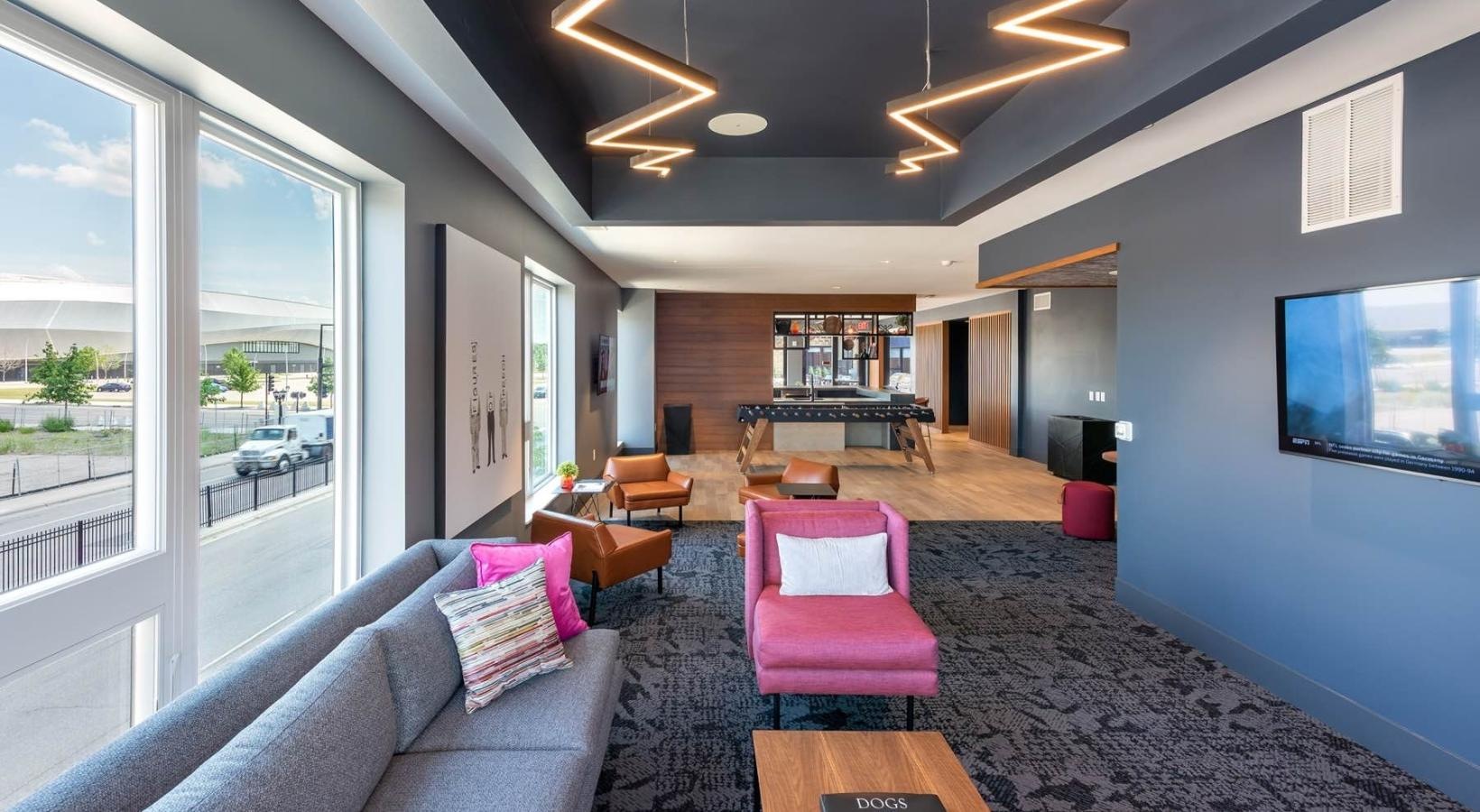 Access to resident-only features a living room with a large window